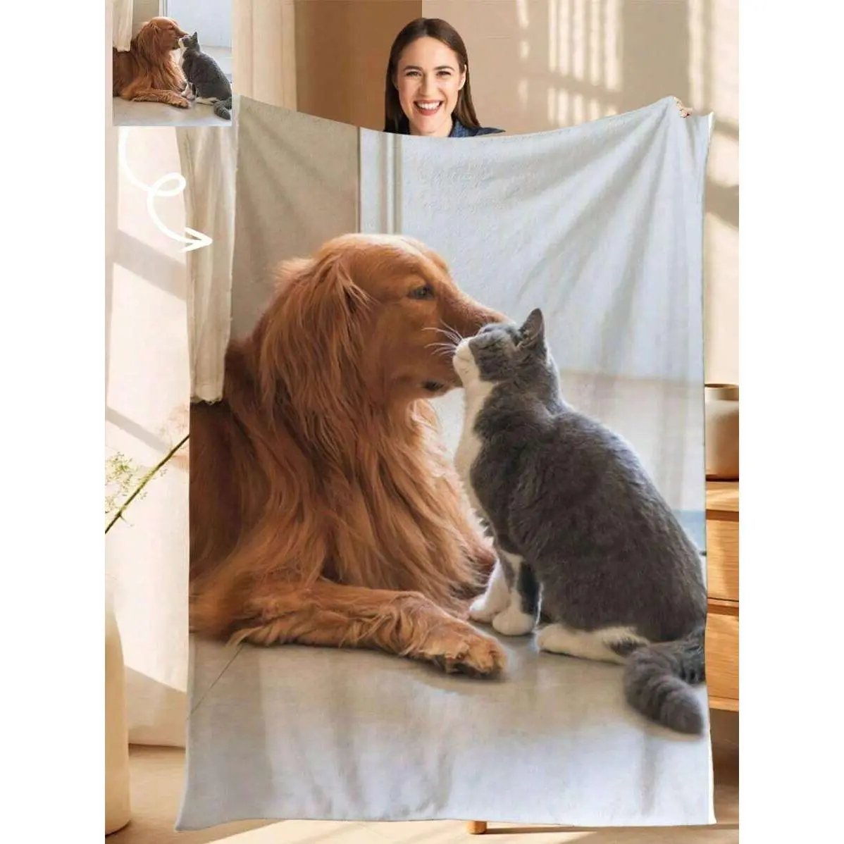 Custom Full-Print Pet Flannel Throw Blanket - Personalized Cat/Dog Picture with Name Text, Lightweight Wrinkle-Resistant AC Blanket, Minimalist Living Room Decor, Wedding/Father’s Day Pet Memorial Keepsake Gift