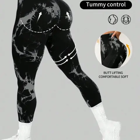 Kf Fashion High-Waisted Skinny Tights, Tie-Dyed Seamless Knitwear, Moisture-Wicking Yoga Pants, All-Season Sportswear for Women