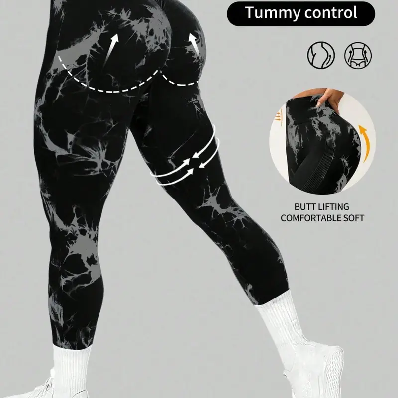 Kf Fashion High-Waisted Skinny Tights, Tie-Dyed Seamless Knitwear, Moisture-Wicking Yoga Pants, All-Season Sportswear for Women