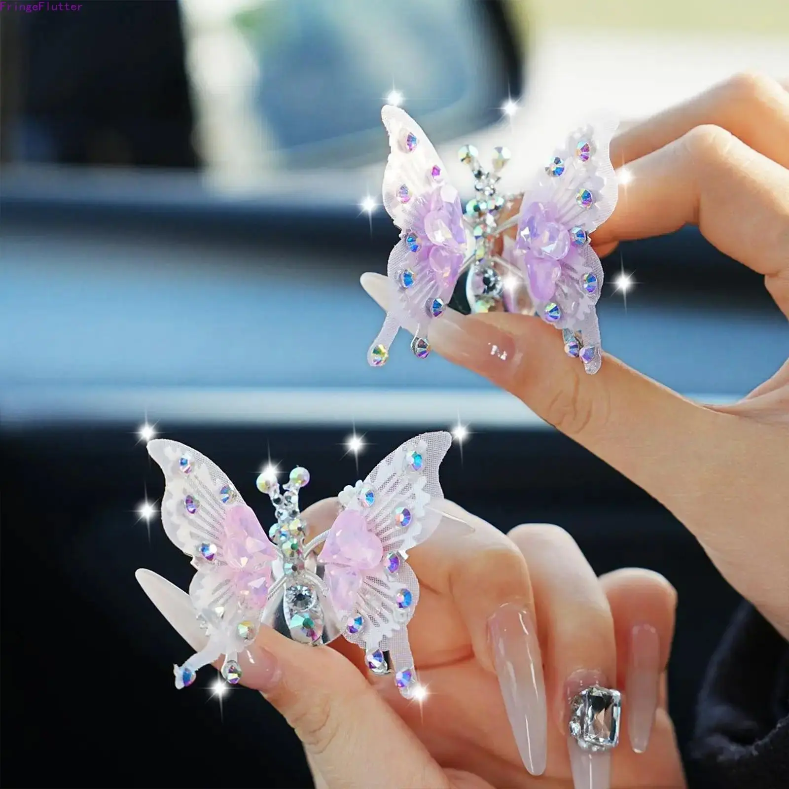 Girly Glam Butterfly Rhinestone Car Interior Stickers, Sparkling Crystal Appliqués with Movable Wings, Bling Decorative Car Decals, Cute Feminine Vehicle Interior Accessories