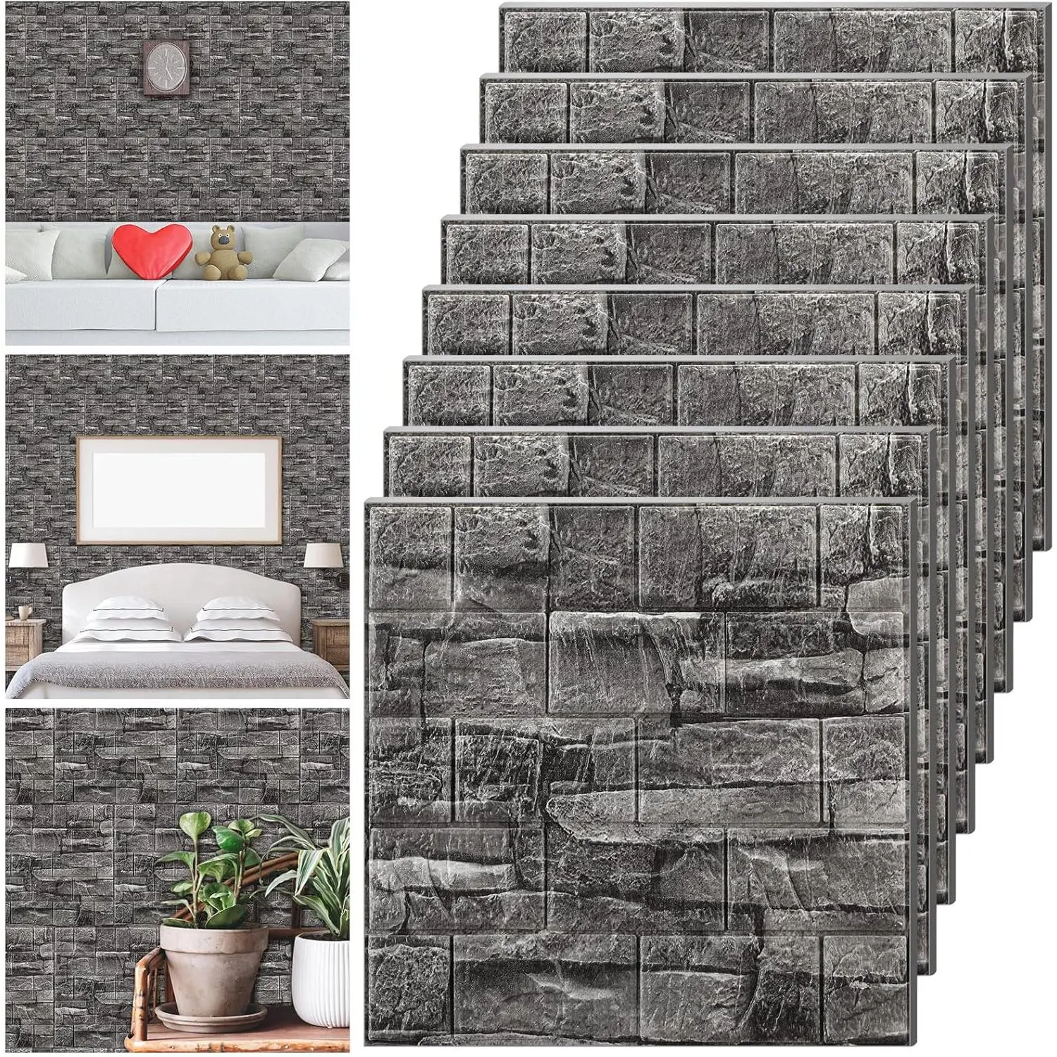 3D Self-Adhesive Foam Brick Wall Panels (30 Pcs, 28.81 sq ft, 30x30 cm) - Peel-and-Stick, Waterproof, Printable, Rock Black Faux Brick Tiles with 3D Effect for Tv Wall, Halloween Party Decorations