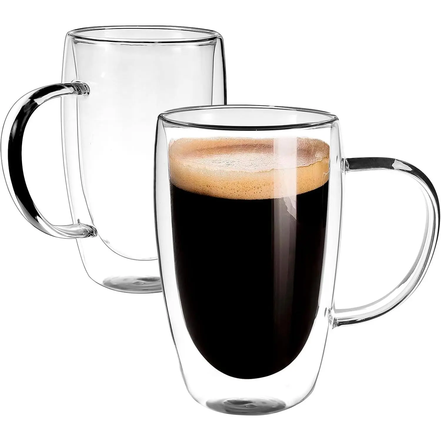 Clear Glass Double Wall Insulated Round Coffee Mugs Set of 2 count - Large Size 16oz   Coffee Mug for  Cafe Restaurant  for Espresso Capucinno Lungo Latte Coffee