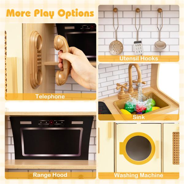 Kids Wooden Kitchen Playset 3+ with Fridge Sink Washing Machine with Realistic Light Sound Rattan Doors - Yellow