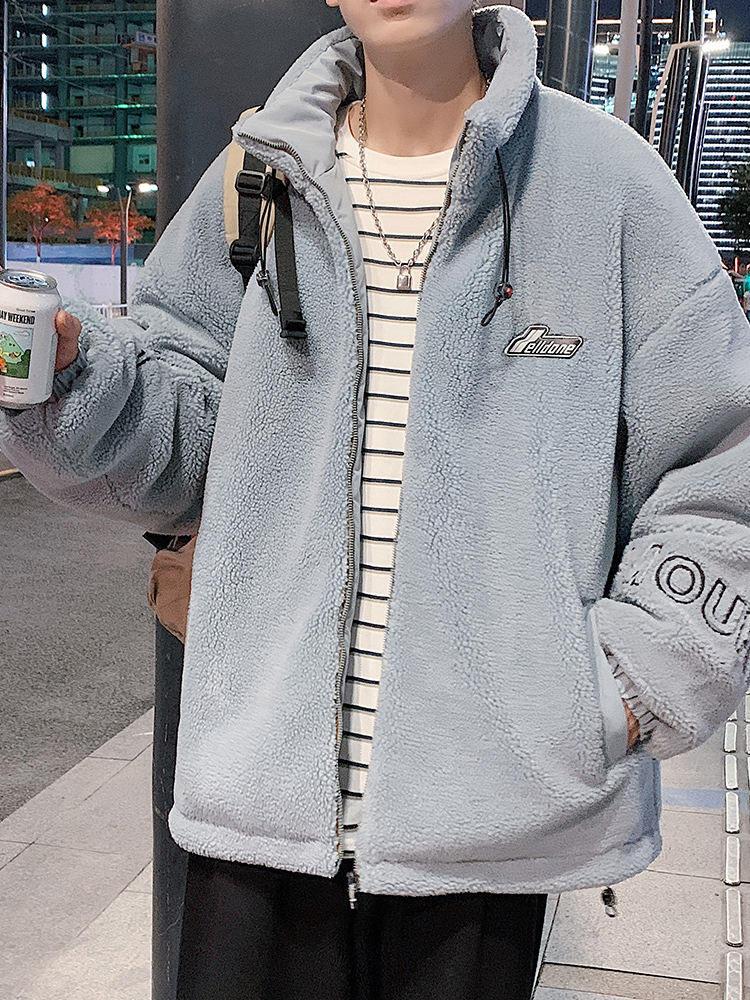 Men's lambskin stand collar embroidered warm jacket Large size loose casual fleece cotton jacket American street style letter embroidery fleece jacket