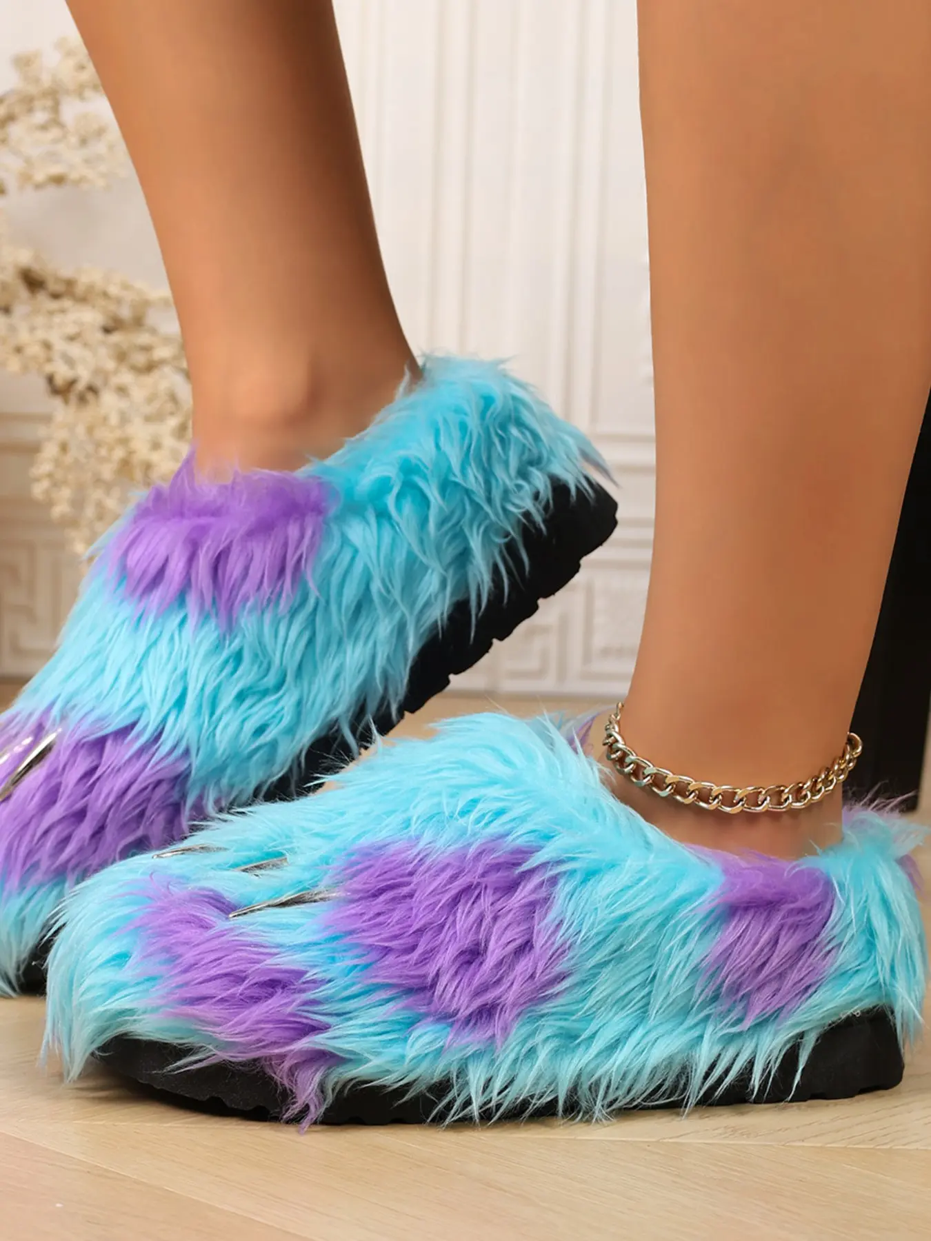 Blue Monster Claw Plush Slippers for Women, Cute Long Hair Sullivan Cotton Slippers, Thick Sole Anti-Slip Home Warm Plush Slippers