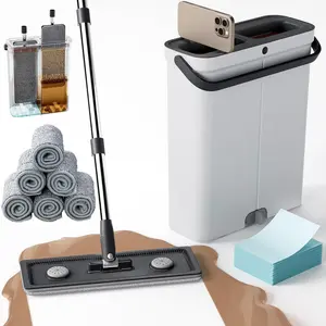 Compact Flat Floor Mop and Bucket with Wringer Set Hands Free Wet Dry Mop for Apartment, Tiny Home, RV, Windows, Wall, Hardwood, Vinyl Floor with 6 Microfiber Cloths
