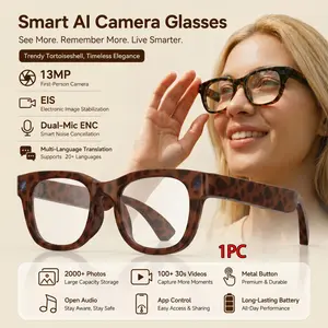 Trend Oyster Shell Color D-shaped Frame Metal Slide-Type Adjustable Lightweight Multi-language Translation, First-Person AI Intelligent Shooting Glasses 1300MP High-Definition Camera, 1080P/30FPS High-Definition Shooting E06D