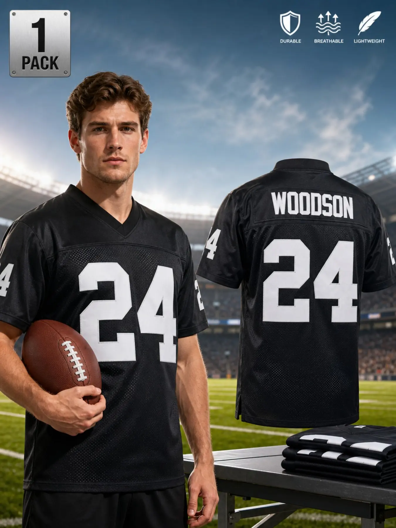 Men's Classic #24 Black Football Jersey Durable Mesh Athletic V-Neck Shirt Breathable Lightweight Sportswear for Tailgate Game Day Gym Workout Training Urban Streetwear Casual Hip Hop Outfit Relaxed Fit
