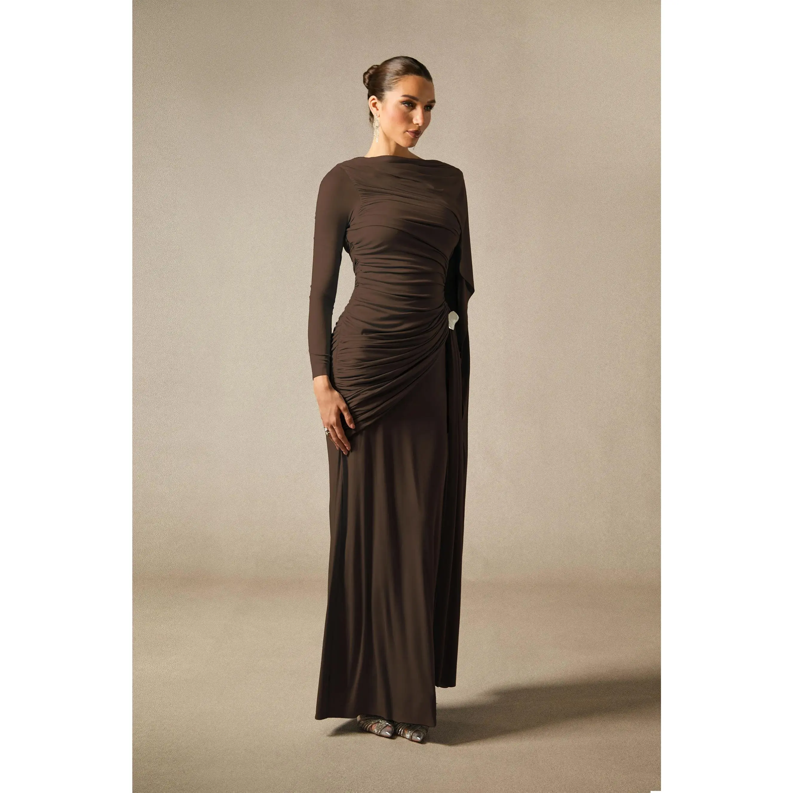 Sunfere Long Sleeve Cape Detail Maxi Dress - Ruched Bodice Tencel Modest Gown, Formal Autumn Wedding Guest Evening Event