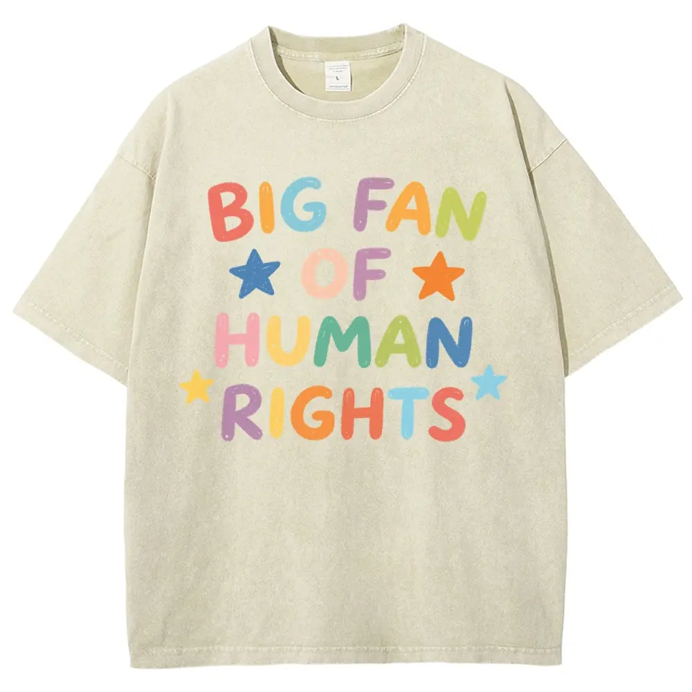 Multicolor Hand Drawn "Big Fan Of Human Rights" Star Vintage Washed Tee Unisex Graphict Washed T-Shirt Personalized Pattern Y2k Clothing Round Neck Washed T-Shirt,Women's Clothing 100% Cotton, Menswear, Top, Vintage Style,Summer Casual Oversized
