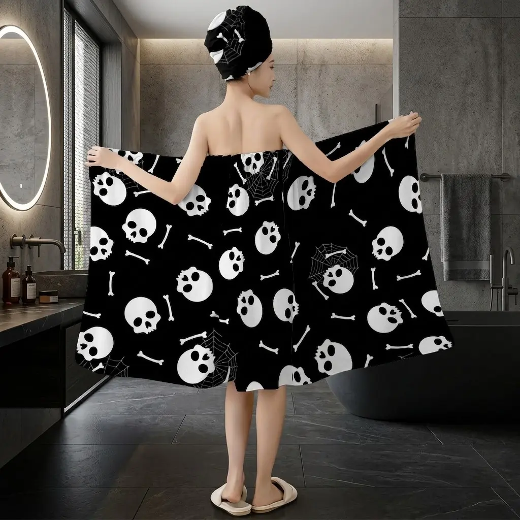 2Pcs Halloween Black Skull Bone Spider Web Bath Wrap Towel Set for Women, Wearable Shower Skirt & Hair Towel Turban, One Size/Plus XXXXL, Soft Spa Bathrobe, Beach Cover Up, Gothic Bathroom Gift