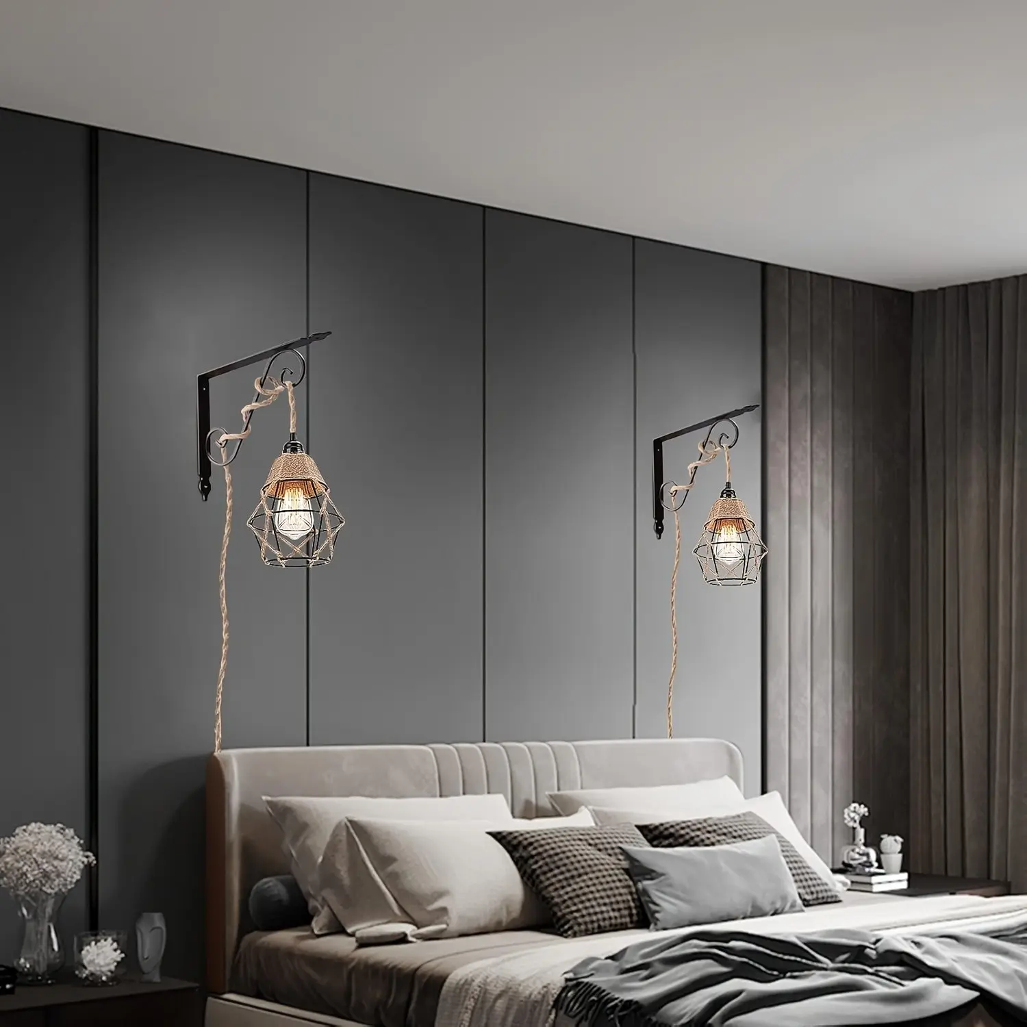 Plug in Hanging Light Kit, E26/E27 Vintage Hanging Lights with Plug in Cord, Retro Pendant Light Fixture, 15FT Cord with On/Off Switch, E26 E27 Lamp Holder Power Cord, Pendant Light Kit, Plug in Pendant Light, Rustic Hemp Rope Lamp, 3pcs
