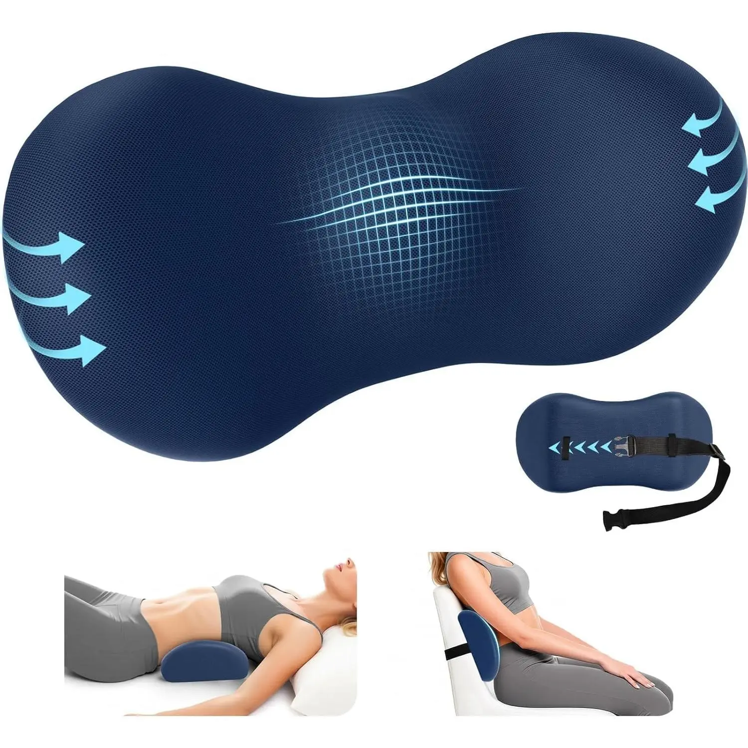 Lumbar Pillow for Office Chair - Lumbar Pillow with Detachable Strap & Breathable Cover, Ergonomic Back for Office Chair, Car Seat Cushion, Bed Rest (Blue)