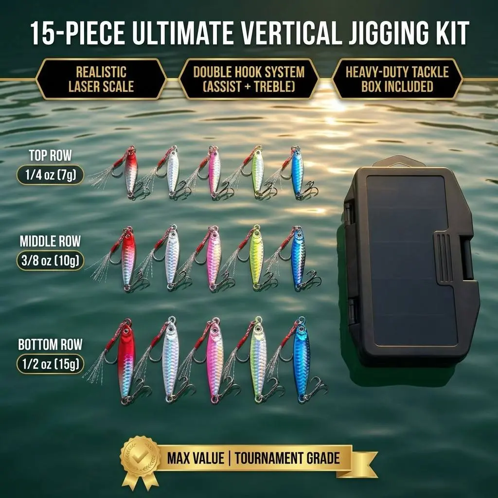15PCS Professional Metal Jigging Kit, 1/4 oz 3/8 oz 1/2 oz Micro Casting Jigs with Double Hooks, Holographic Laser Scale Shore Jigs with Tackle Box for Bass Pike Trout Fishing Lure Kit
