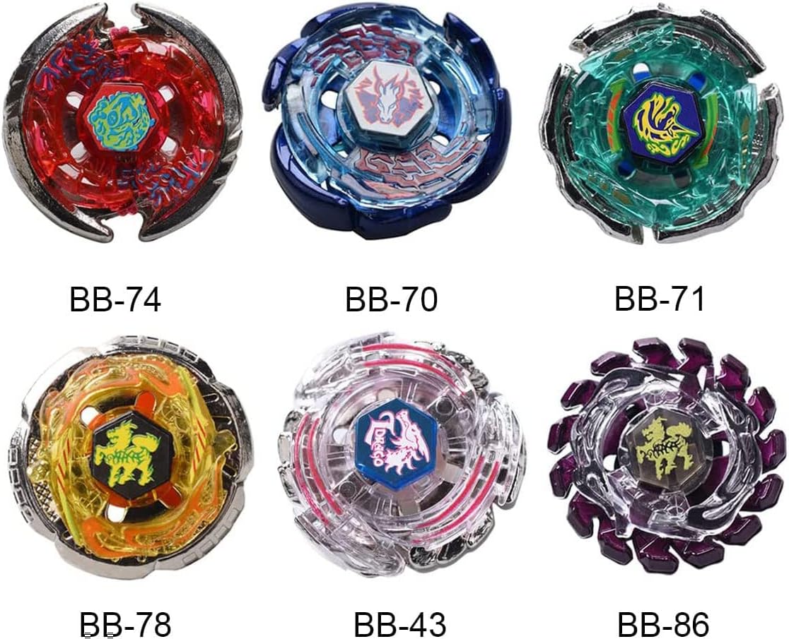 6 Pack Bey Burst Metal Fusion Battle Tops Starter Set with Stickers and Dual Launchers