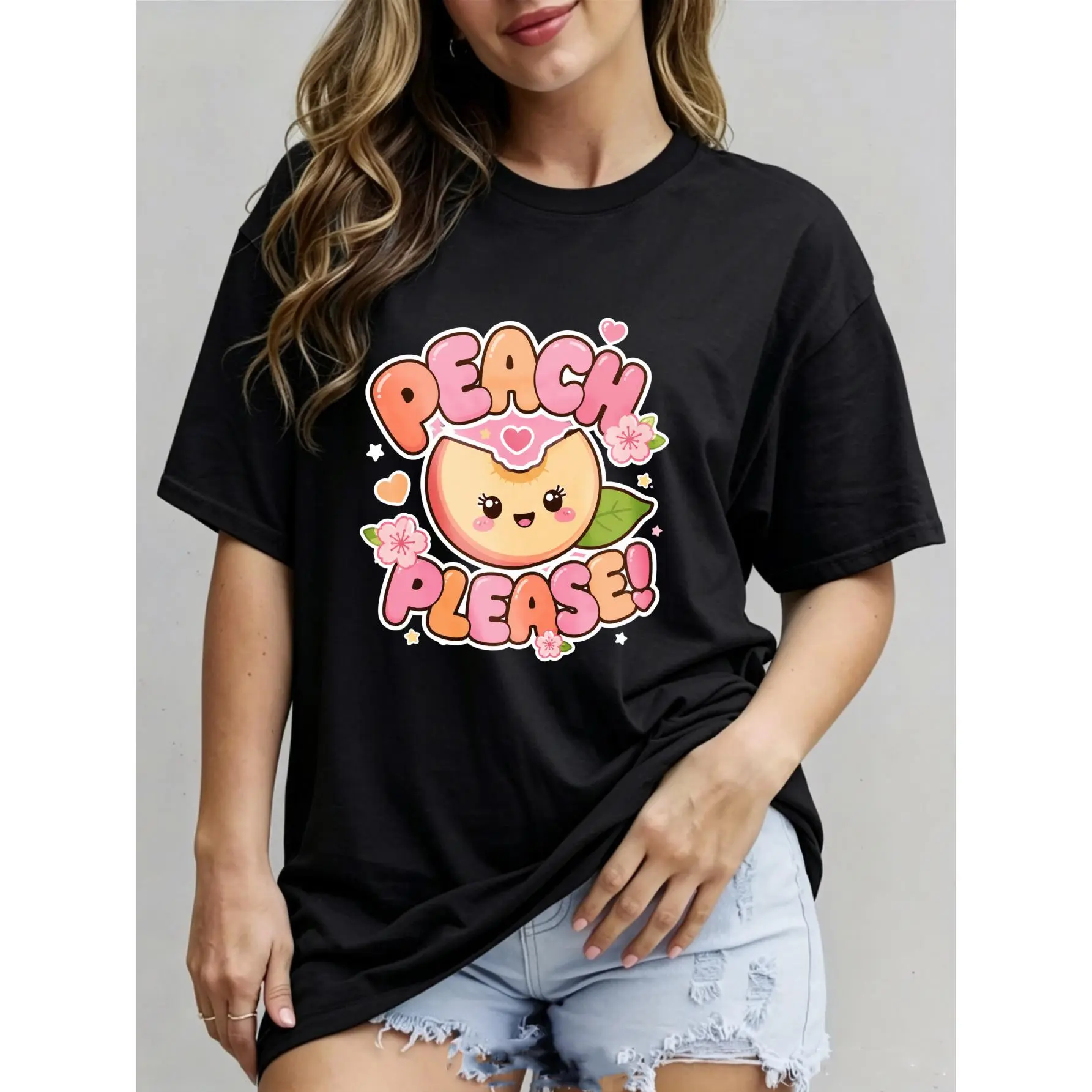 Cute Kawaii Style, Women'S Oversized 100% Crew Neck T-Shirt, Peach Please Cartoon Fruit Graphic with Hearts And Flowers, Summer Casual Daily Wear, Gift for And Friends