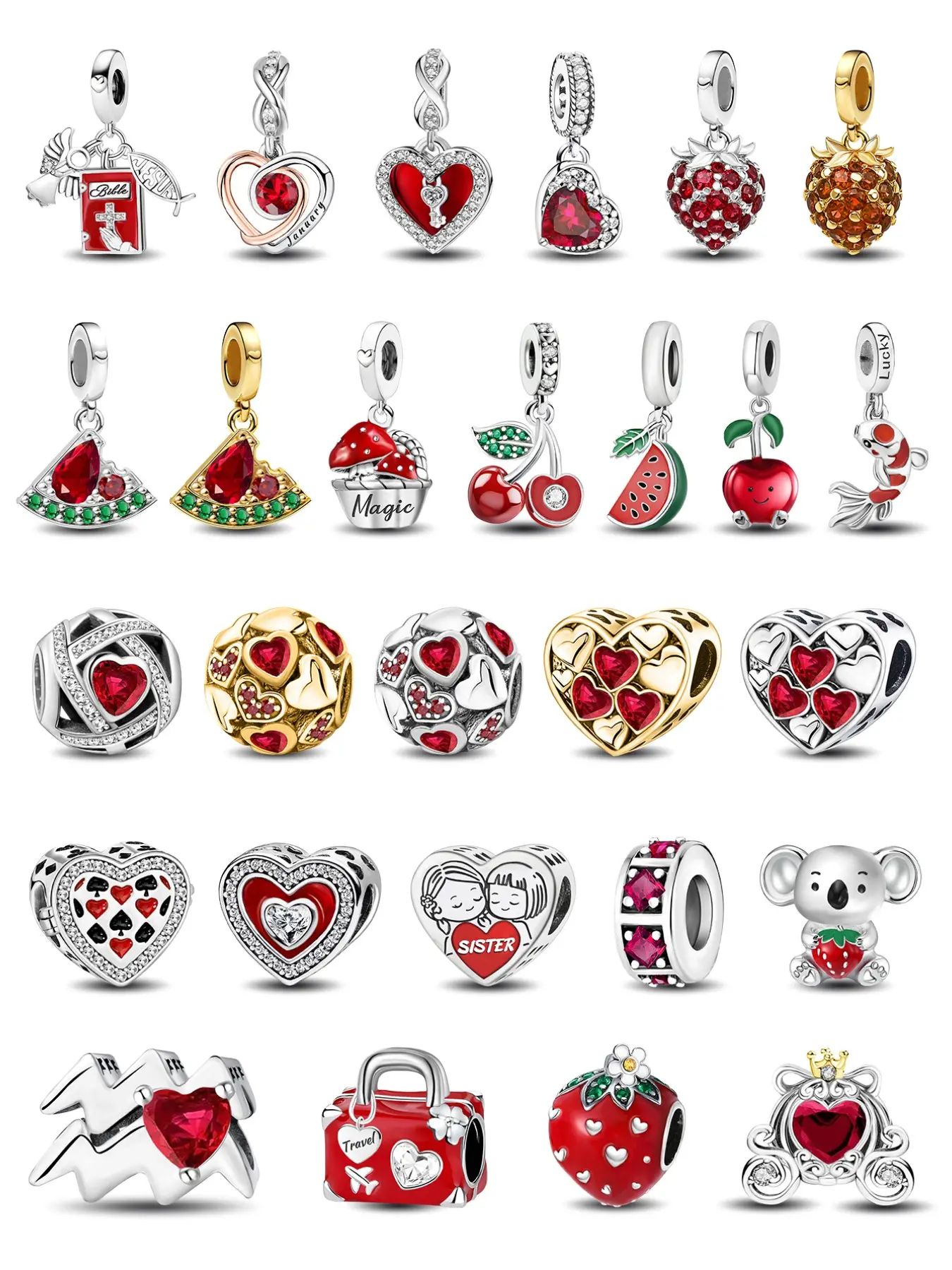 Vibrant Red Tone European Dangle & Spacer Charms, Strawberry Cherry Sister Heart Designs in Copper for Women’s Red Themed DIY Jewelry Making