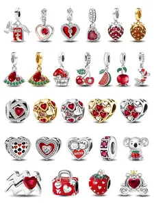 Vibrant Red Tone European Dangle & Spacer Charms, Strawberry Cherry Sister Heart Designs in Copper for Women’s Red Themed DIY Jewelry Making