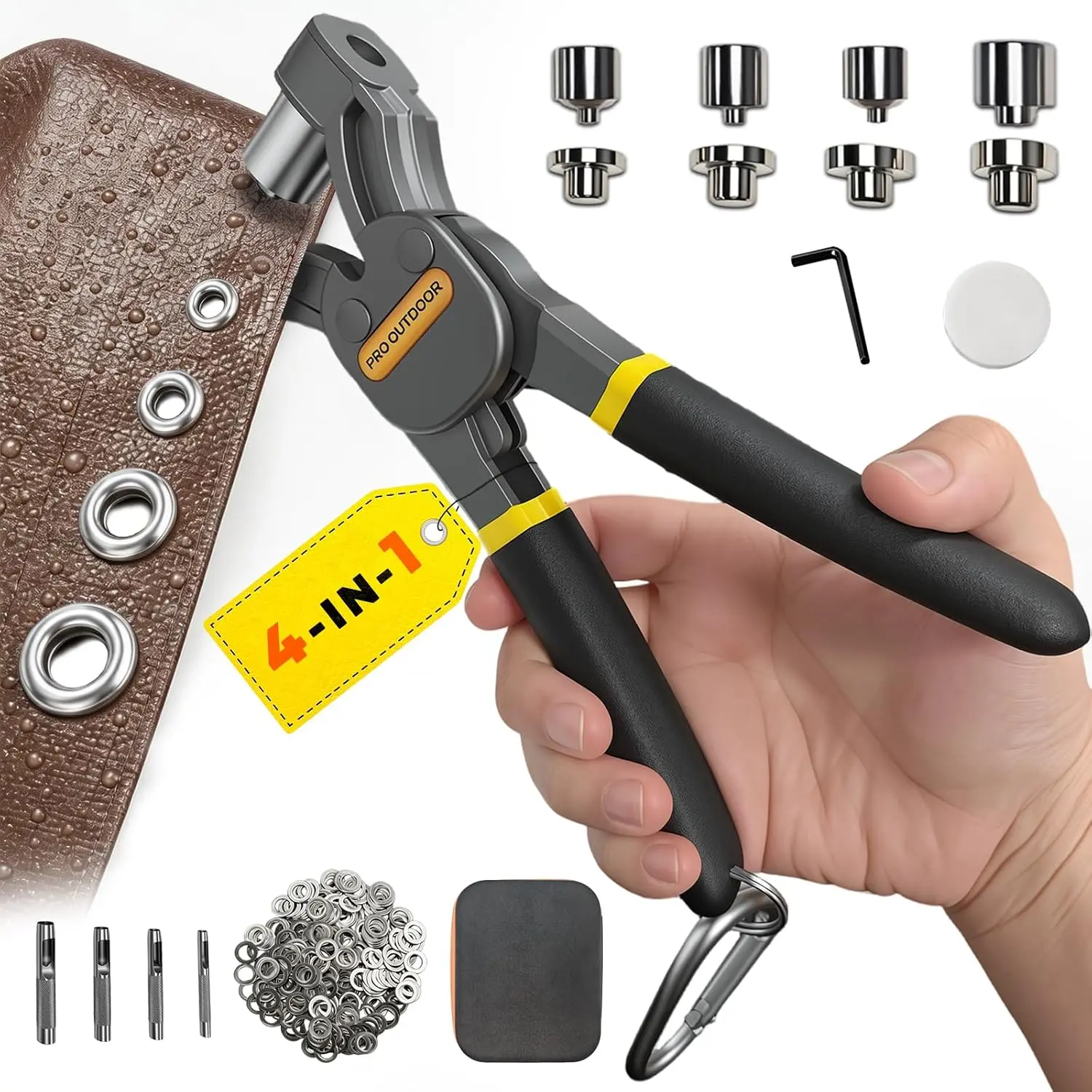 4-in-1 Grommet Tool Kit Grommet Kit 4 Sizes  Grip Handle | Eyelet tool kit for fabric, banners and tarps. Ideal for DIY crafts, repairs and various material projects