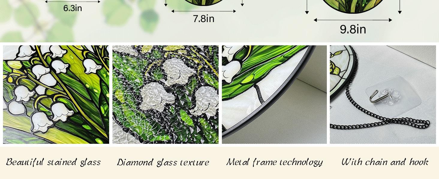Stained Glass Window Hanging, Lily of the Valley Flower Sun Catchers Colorful Glass Panel Green Plants Suncatcher Decor for Birthday for Women,Men,Wife, Lovers, and Mom 6.3 in