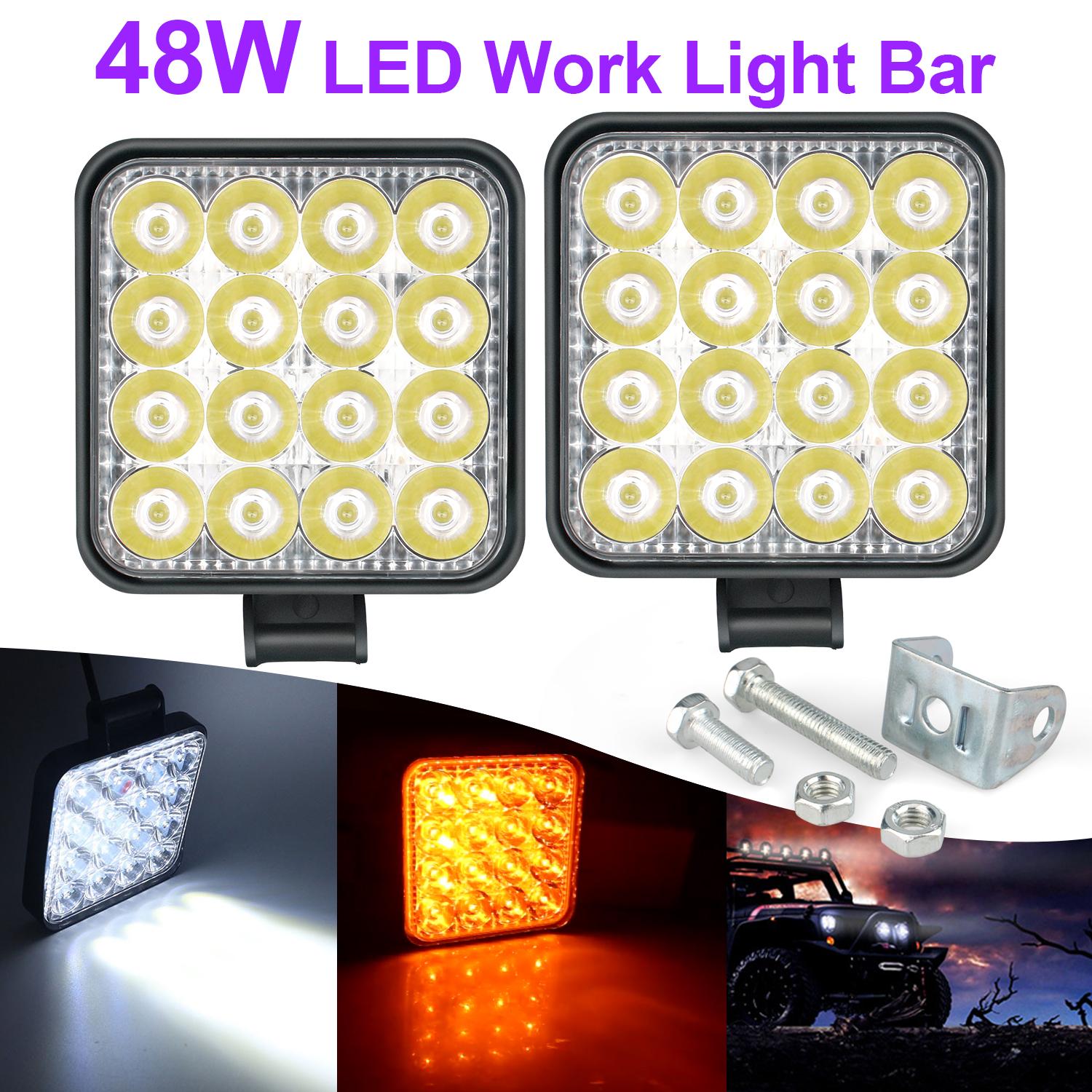 2pcs LED Truck Work Lights, 48W High Brightness LED Flood Light Bar, Work Light Truck OffRoad Tractor Flood Lights 12V-24V Square