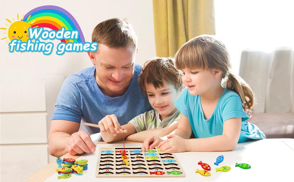 Magnetic Wooden Fishing Game Toy for Toddlers, Alphabet Fish Catching Counting Games Puzzle with Numbers and Letters, Preschool Learning ABC Math Educational Toys 3 4 5 Years Old Girl Boy Kids