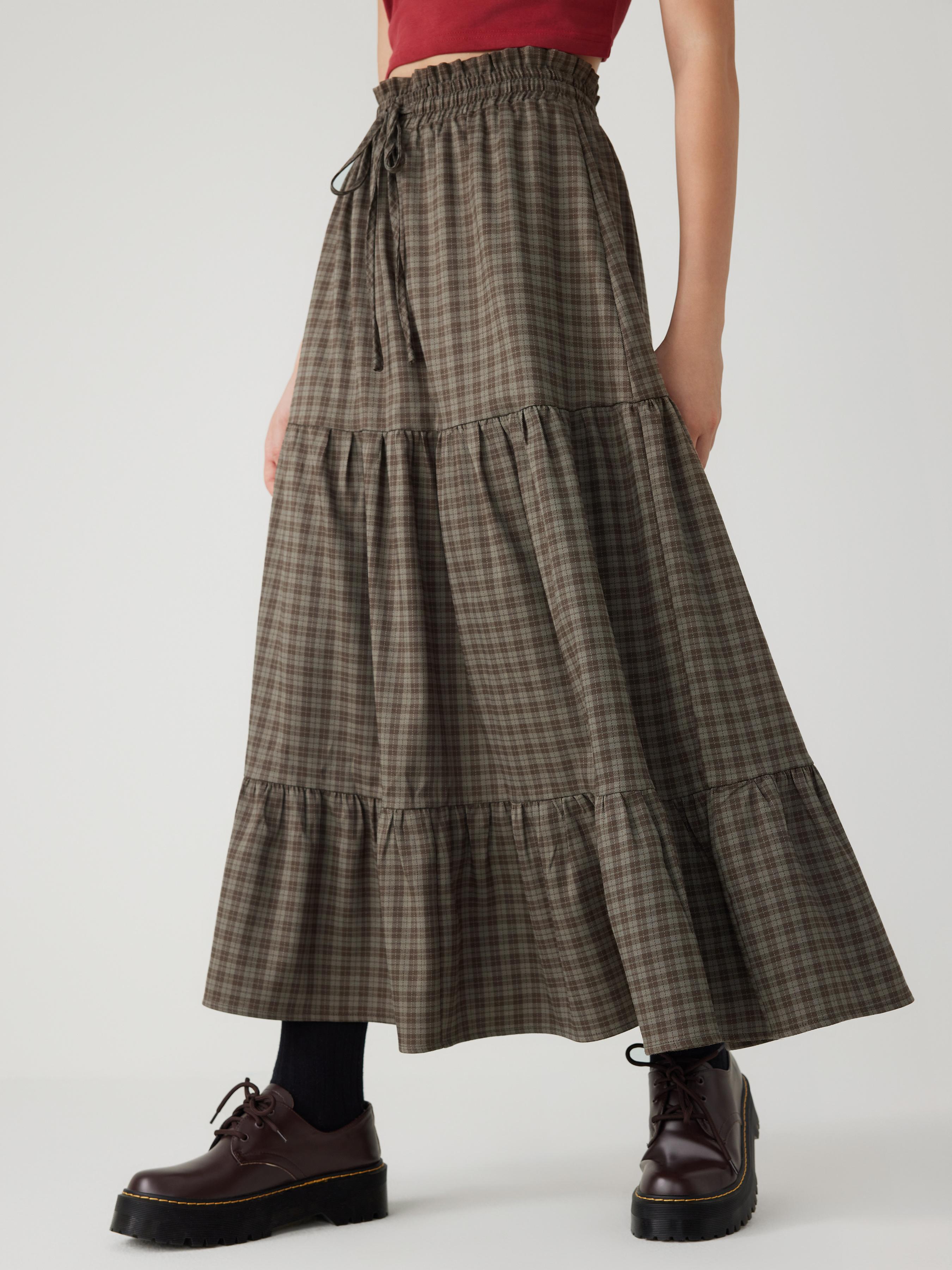 Cider [2 colors, size 2-26] Elastic Waist Check Knotted Tiered Maxi Skirt