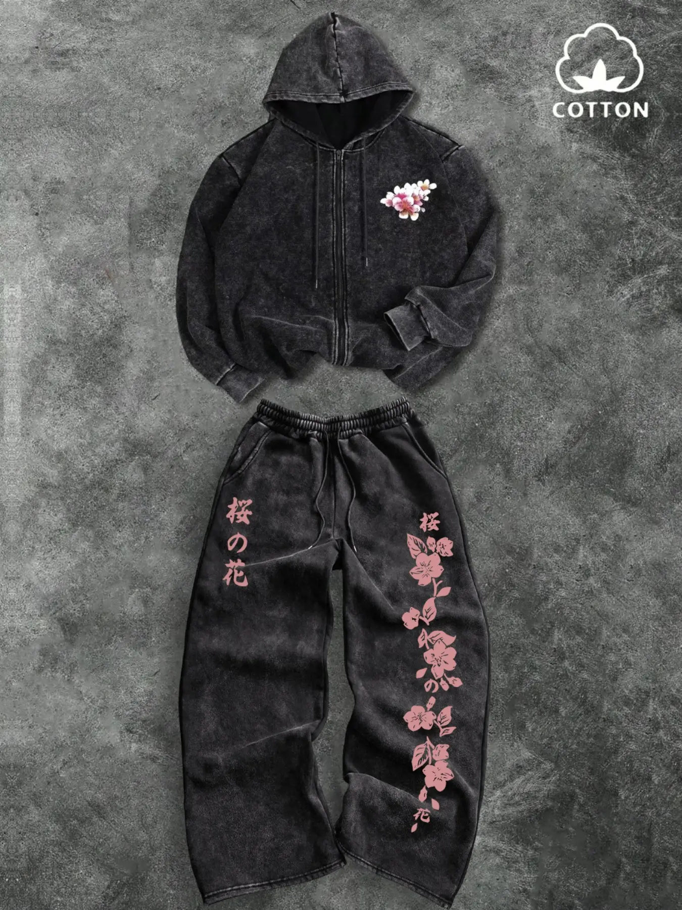 Men's Cherry Blossom Graphic Suit, Casual Loose-Fitting Zipper Sweatshirt & Drawstring Pants, Trendy All-Season Fashion Set