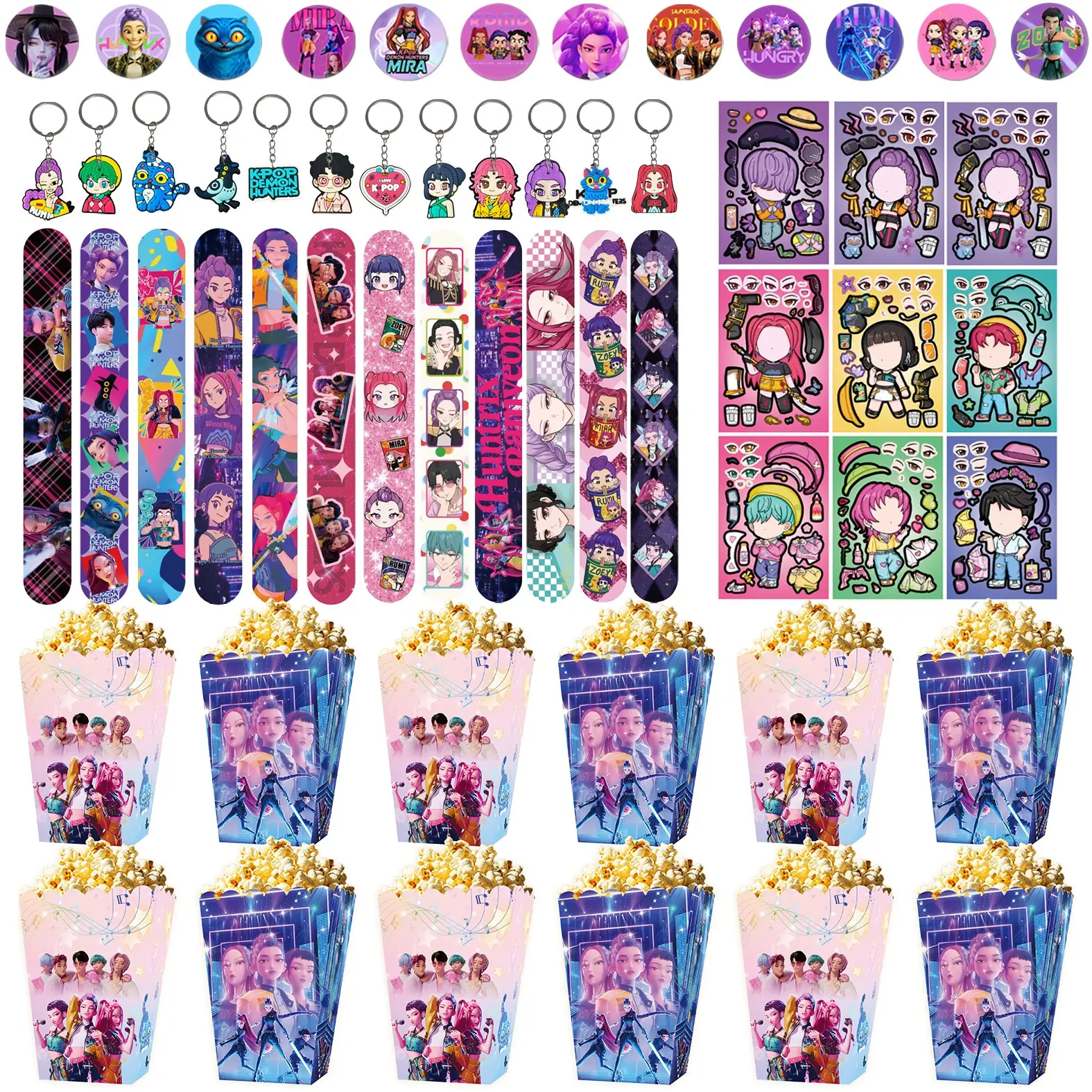 5 sets of Korean cartoon girl group birthday party dopamine gift sets, including 12 bracelets, 12 keychains, 12 snack popcorn boxes, 12 cartoon badges, and 9 sheets of combined cartoon stickers; this is the perfect choice for parties