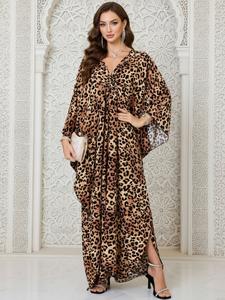 women's leopard print batwing sleeve split hem kaftan dress, chic casual v neck 3/4 sleeve long dress for fall & winter, women's islamic clothing for daily wear