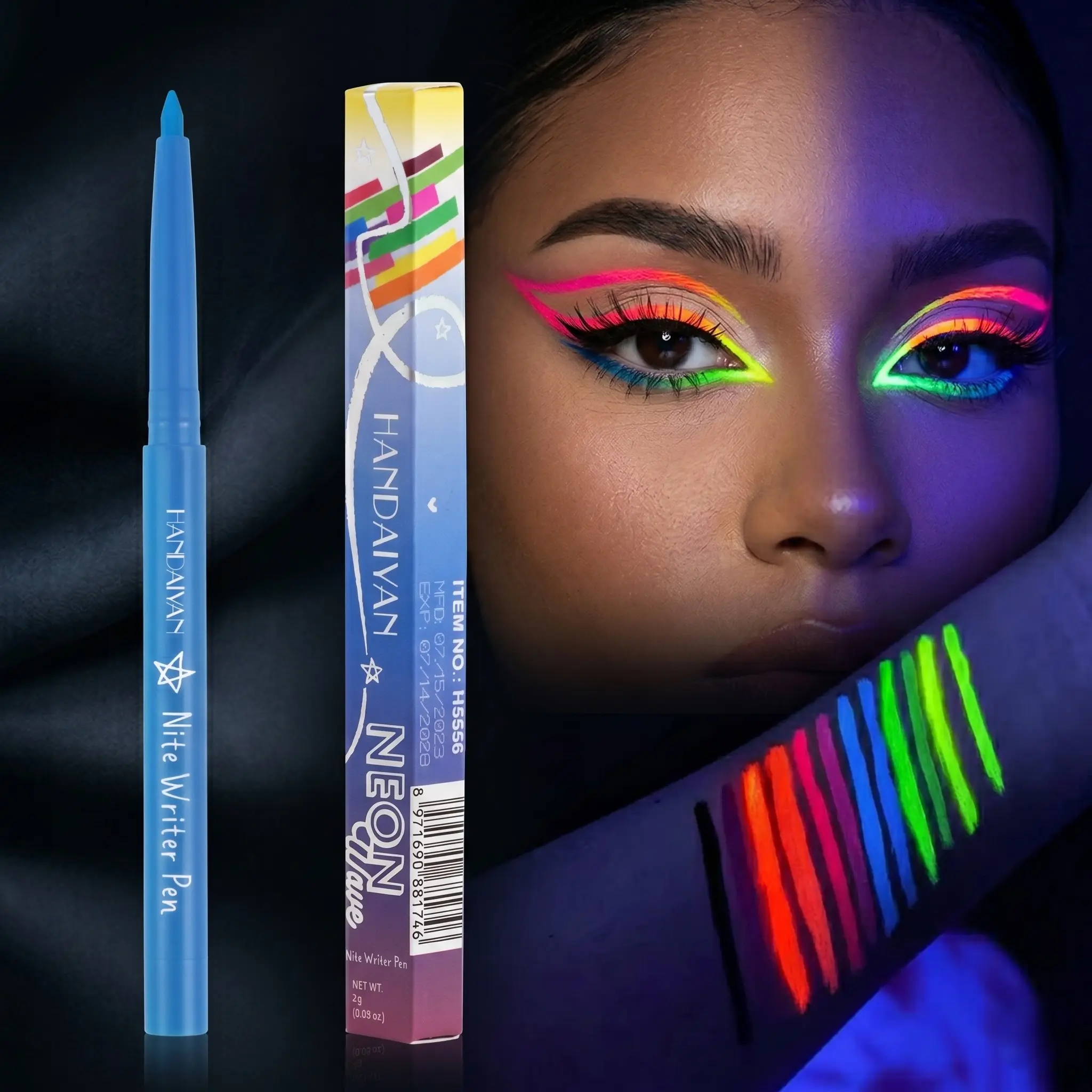 HANDAIYAN UV Neon Eyeliner Set, Glow in the Dark Fluorescent Liquid Eye Liner Pencil, Waterproof Smudgeproof, Summer Music Festival Rave Club Party Makeup