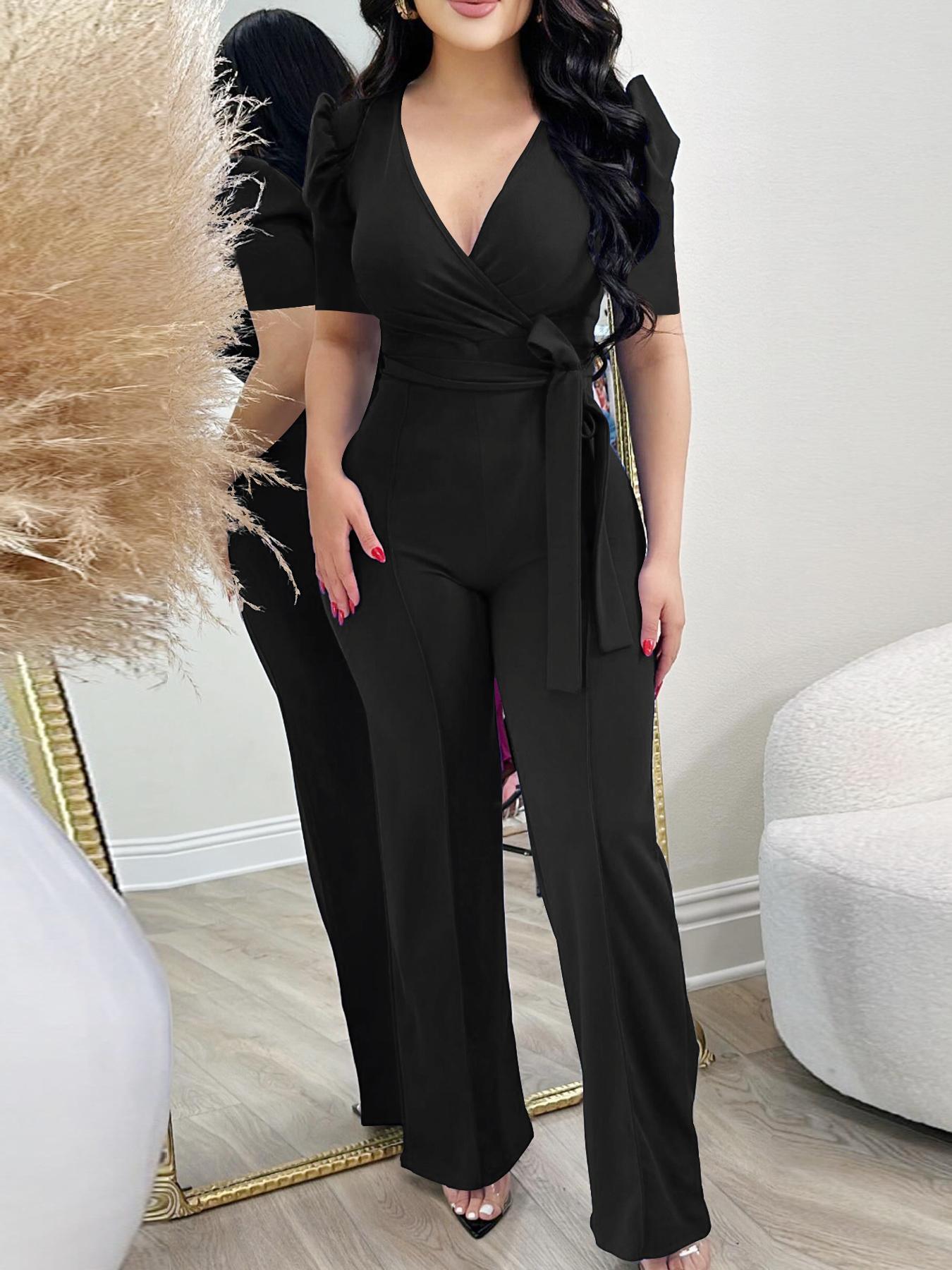Women's Solid Color Belted Wrap Puff Sleeve Jumpsuit, Elegant Deep V-Neck Straight Leg Jumpsuit, Women's Summer Clothes for Work, Office and Business