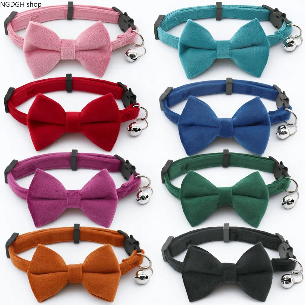 Velvet Bow Collar for Cats & Dogs, Adjustable Bell Attached Neckwear with Cute Look, Available in Pink, Blue, Red, Green, Purple, Orange, Black for Daily Wear, Multi-Colors