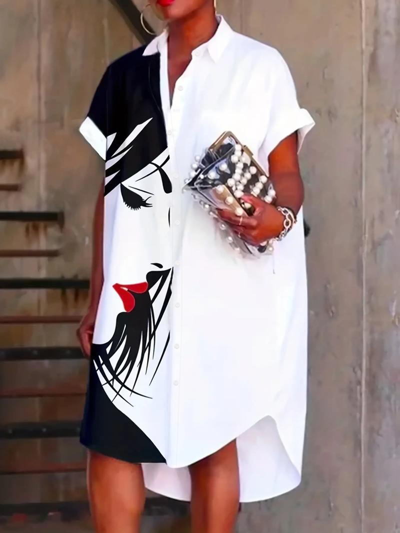 Women's Cartoon Face Print Curved Hem Shirt Dress, Casual Batwing Sleeve Knee Length Dress for Summer, Ladies Clothes for Holiday Vacation