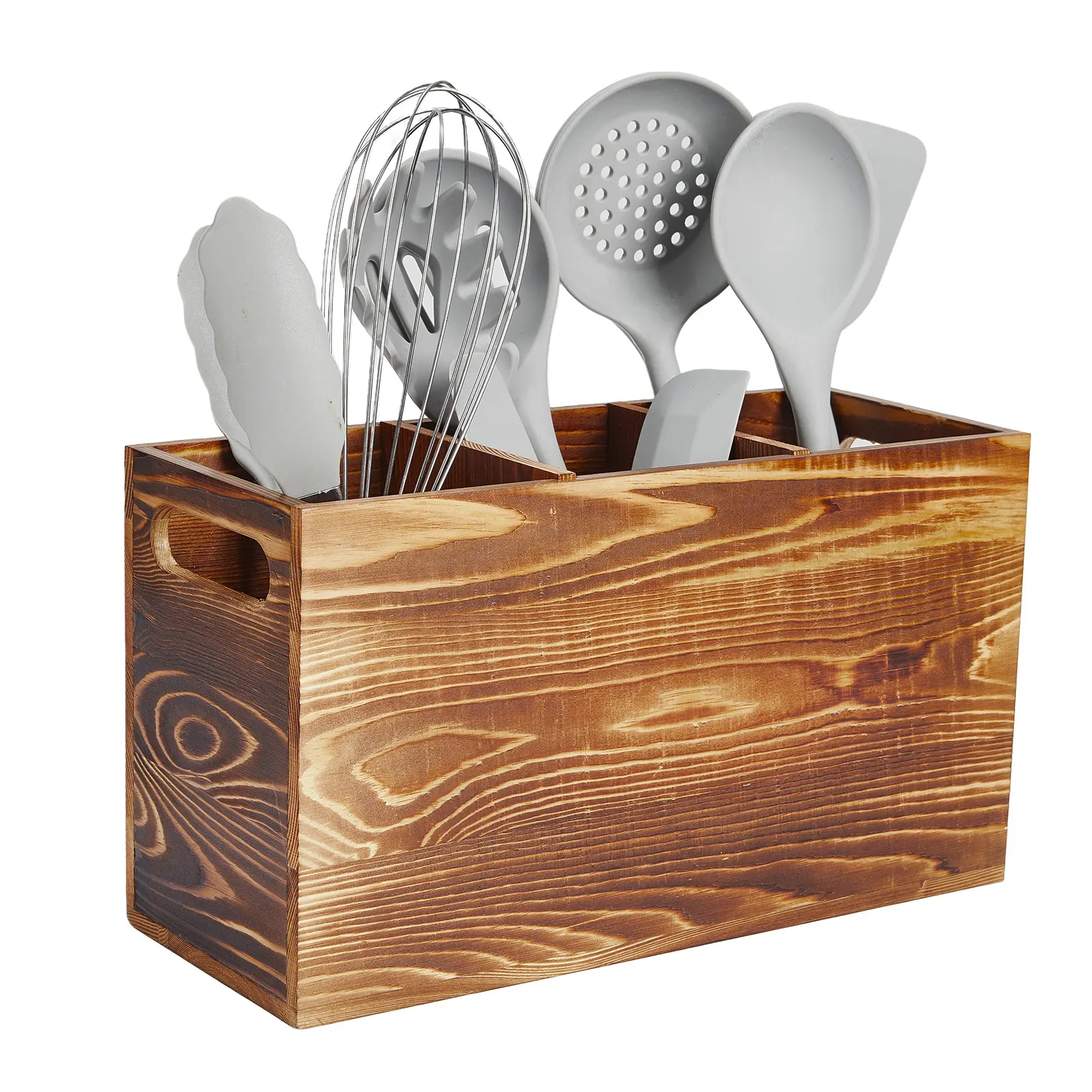 Rustic Pine Wood Utensil Holder Organizer – Large 3-Compartment Caddy with Handle for Spoons, Spatulas, Forks – Farmhouse Kitchen Countertop Storage Box