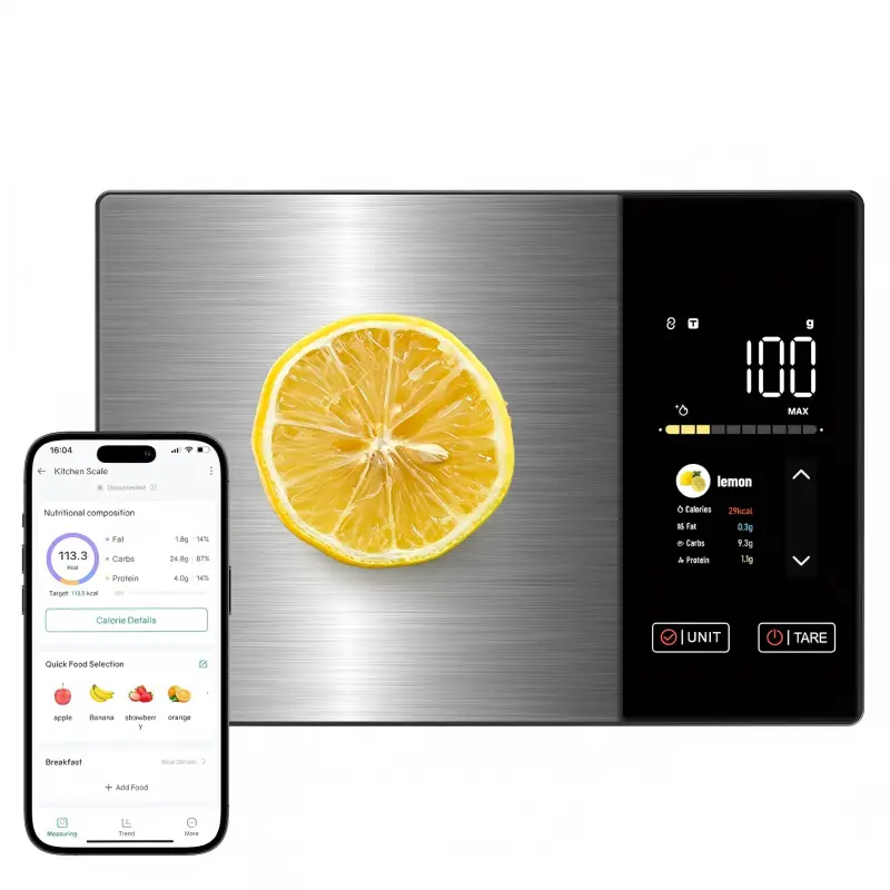 Smart Nutrition Calculating Food Scale, High Precision Digital Measuring Kitchen Scale, Free Matching App Tracks 24 Nutrient Data, Accurately Calculates Calories, Fat, Carbs & Protein; Premium Stainless Steel Platform, TFT HD Display