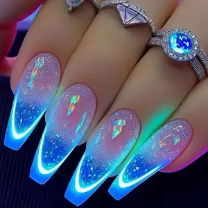 24Pcs Long Coffin Neon Blue Ombre Glow Rhinestone Fake Nails Y2K Mermaid Tips