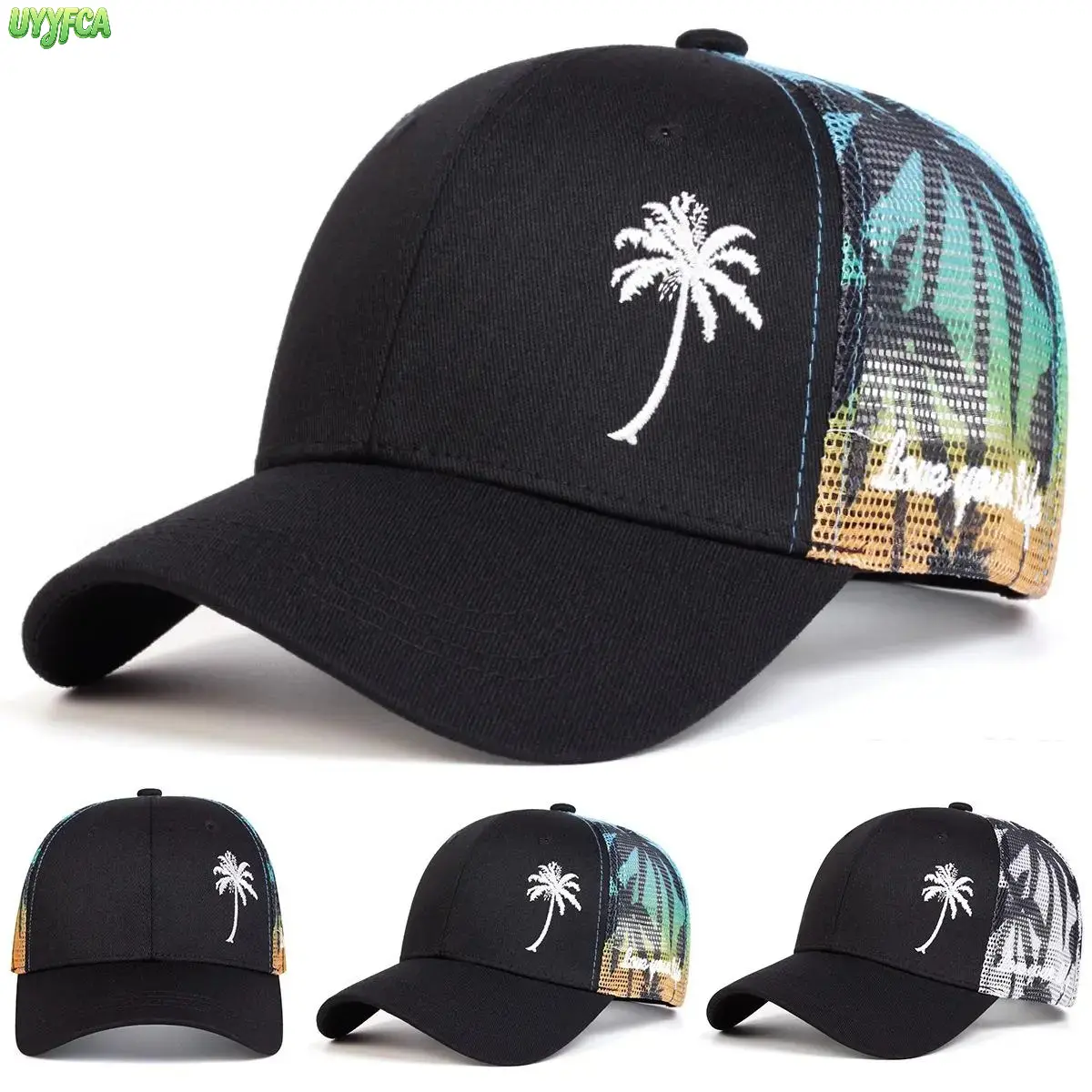 Unisex Retro Palm Print Embroidered Mesh Baseball Cap - Adjustable Strap, Breathable, Lightweight Sun Hat for Summer Beach, Outdoor Camping Activities, Breathable Mesh, Polyester Fabric