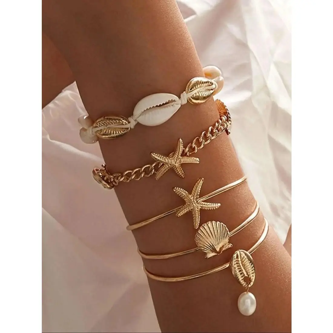 Fashionable Starfish & Shell Decorated Bracelet, Boho Style Jewelry for Women, Trendy All-match & Exquisite Jewelry for Birthday Gift, Bangles Bracelets Set, Stackable Bracelets, Fashion Chic Accessories, Bracelet Sets