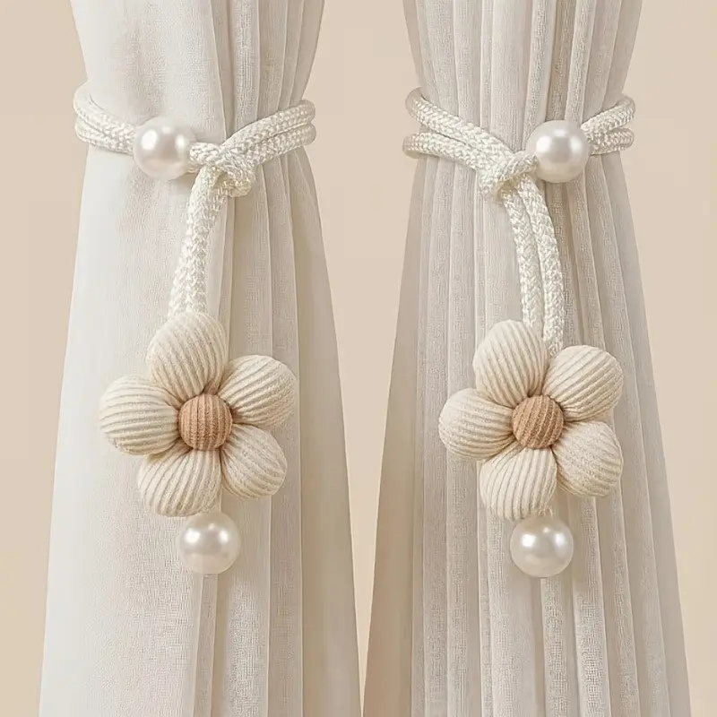Fabric Flower Curtain Tiebacks with Pearl Decor, Ins Luxury Drape Straps for Sheer Window Curtains