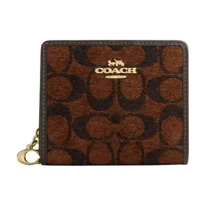 COACH Snap Wallet for Women – Gold-Metal-Finished Signature Chenille and Smooth Leather – Truffle