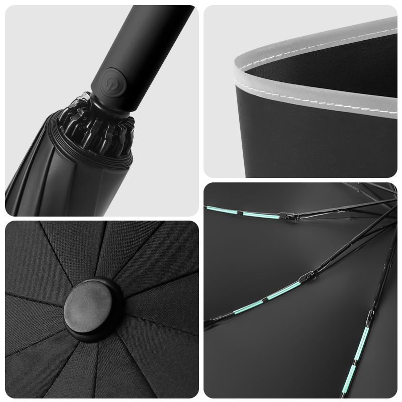Waterproof Windproof 10-Rib Travel Compact Foldable Automatic Umbrella, 1 Count Safety Umbrella with Reflective Strip, Automatic Folding Umbrella