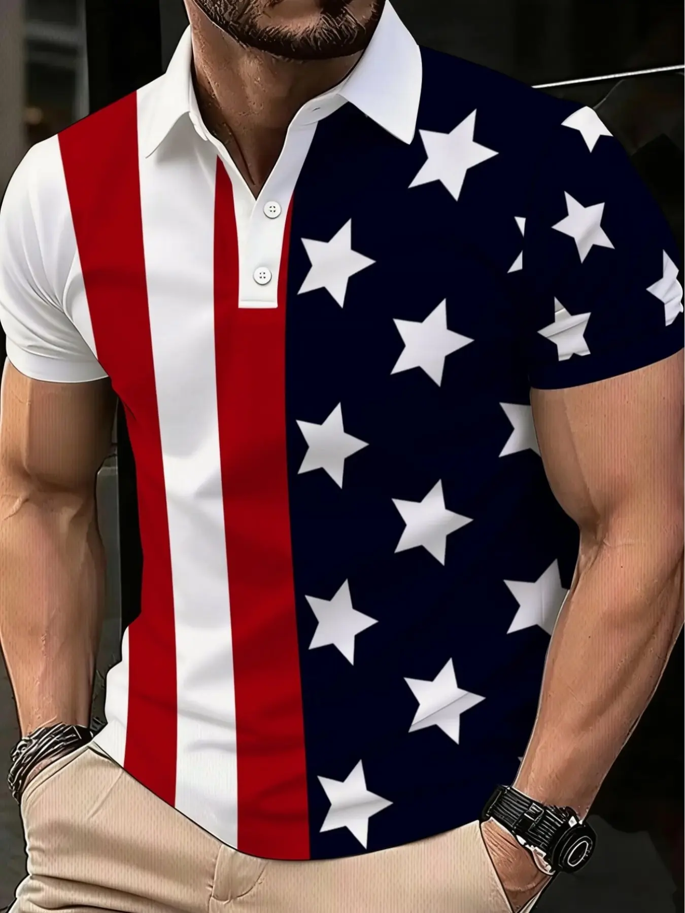 Men's Patriotic Flag Print Polo Shirt, Casual Polo Style Short Sleeve, Fitted, All Seasons, Blue, Star Stripes, Lightweight Durable Fabric