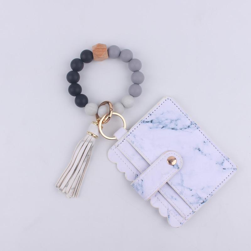 Silicone bead bracelet card holder accessories, silicone bead wristband, PU tassel women's wallet, leather tassel keychain