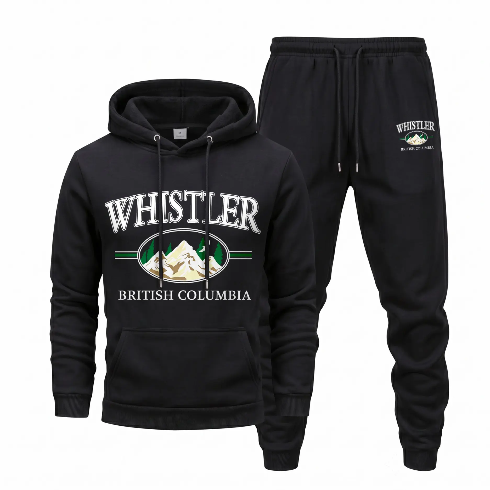 Men's Whistler British Columbia Mountain Graphic Hoodie and Sweatpants Set, Casual Long Sleeve Pullover with Drawstring Jogger Pants, Fall Winter Tracksuit for Daily Wear, Travel, Lounge and Outdoor Activities