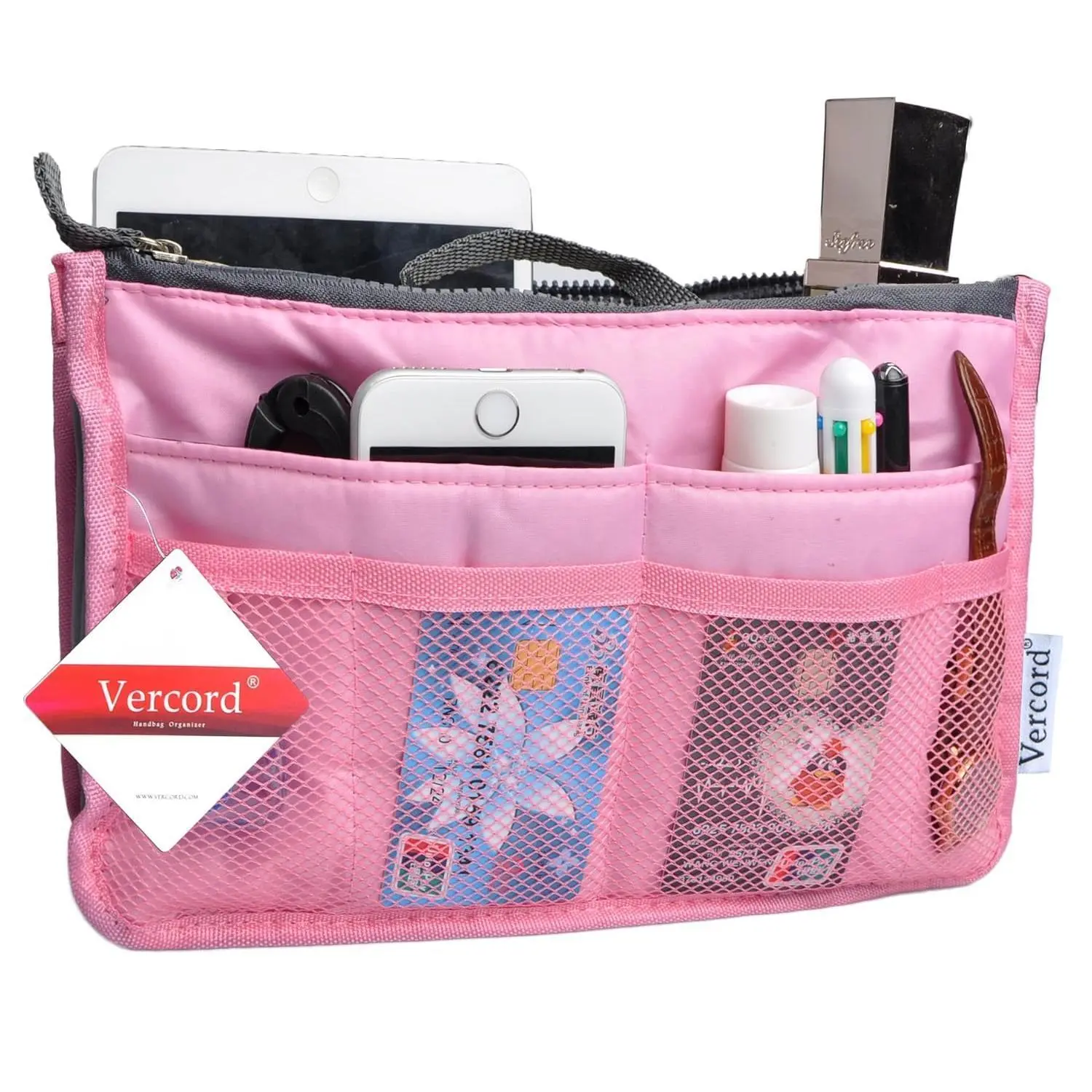Purse Organizer Insert for Handbags Bag Organizers Inside Tote Pocketbook Women Nurse Nylon 13 Pockets Pink Small