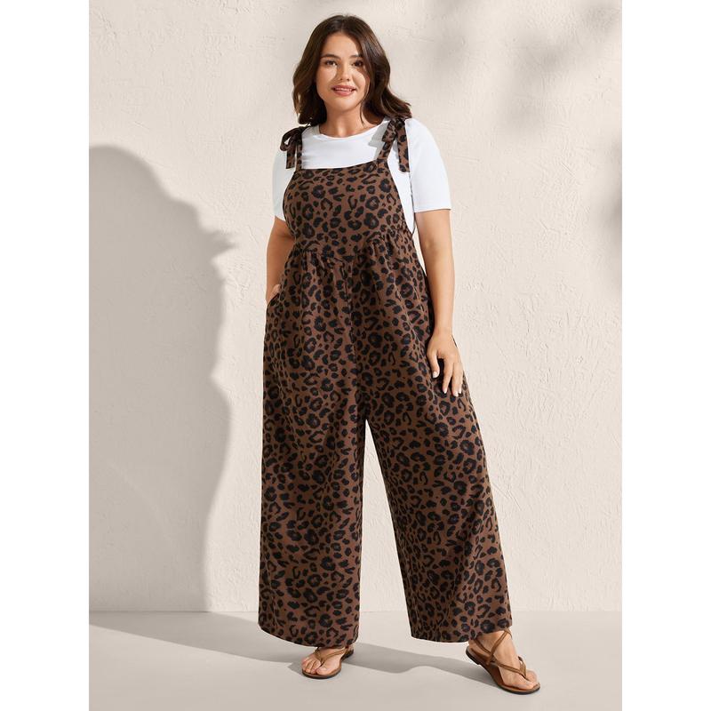 BloomChic Plus Size Women's Sleeveless Leopard Print Relaxed Fit Overalls - Shirred Shoulder Straps, Pockets, Stretch Fabric, Machine Washable Stylish Wear, M-6X, Relaxed Fit Overall,SohoChic