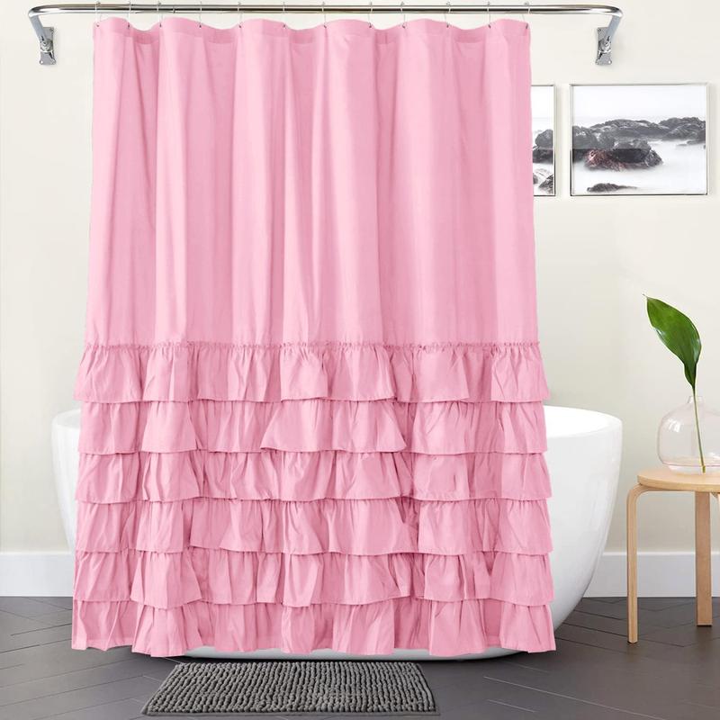 Solid Color Ruffle Trim Shower Curtain, 1 Count Modern Simple Bathroom Curtain, Bathroom Accessories for Home Hotel Salon Dormitory Decor