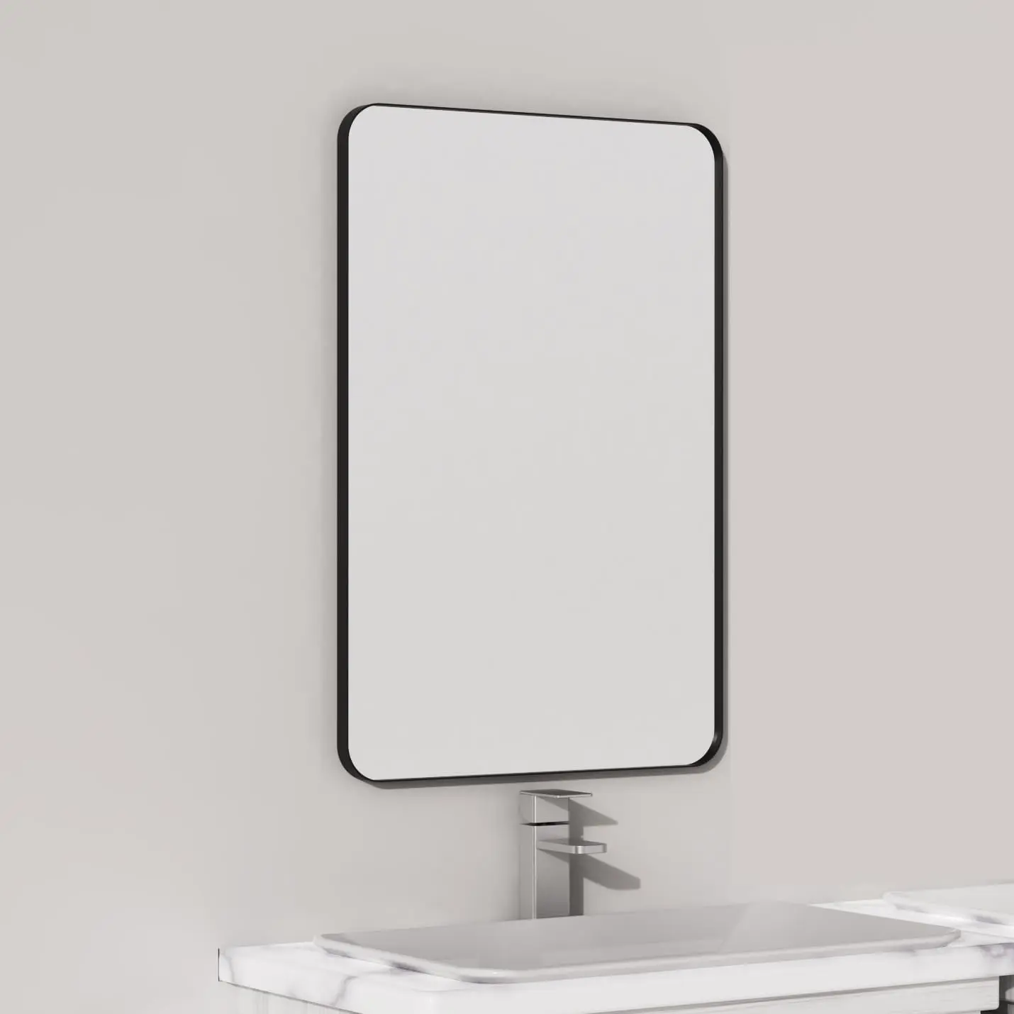 Black Metal Framed Bathroom Mirror for Wall, 16 x 24 Inch Rounded Rectangle Matte Black Bathroom  Mirror , 1/4-inch Shatterproof Glass | Ultra-Flush