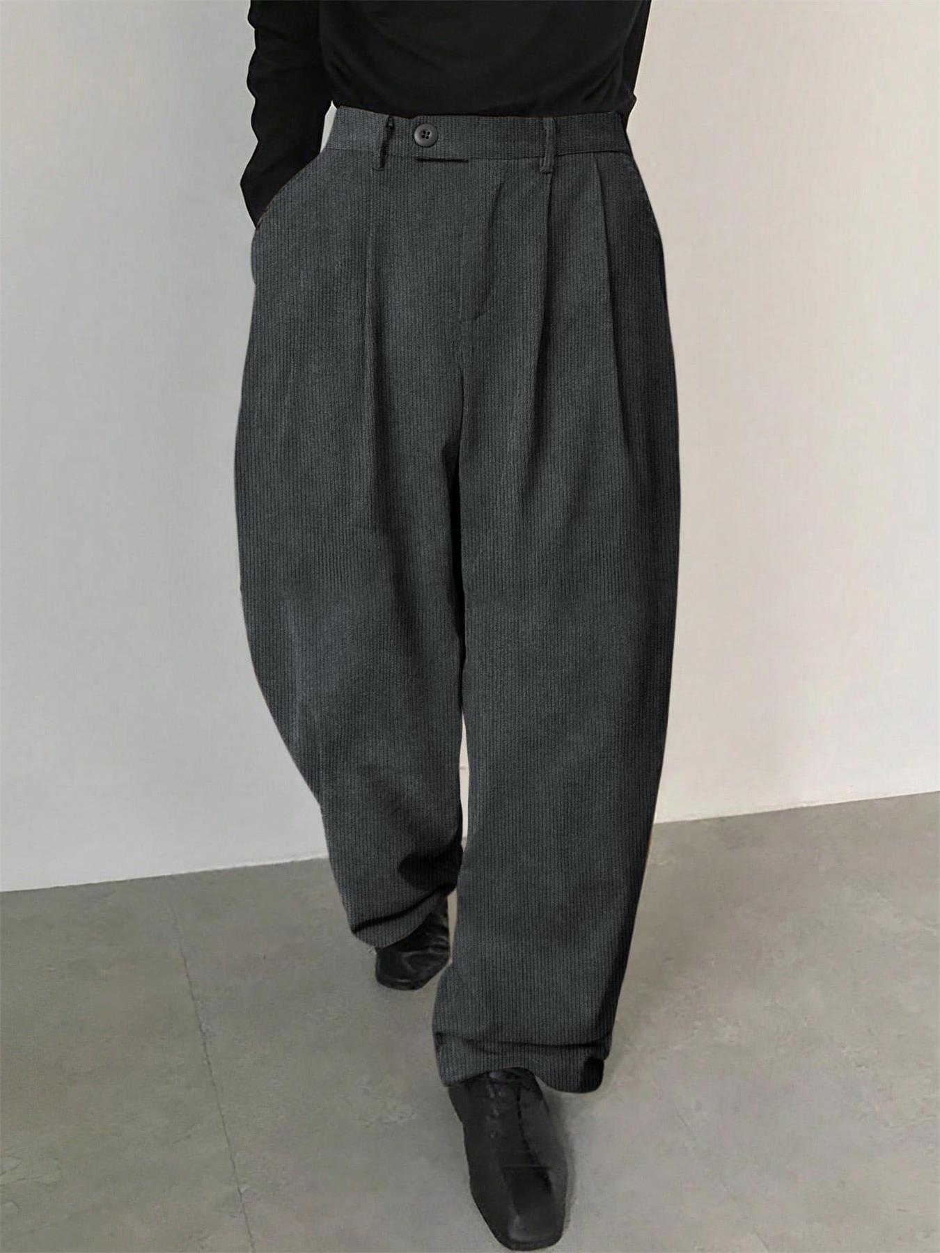 Men's Solid Color Button Fly Side Pocket Corduroy Carrot Pants, Loose-Fitting Casual Comfy Zipper Trousers for Daily Wear, Woven Bottoms for All Seasons, Casual Textured Trousers